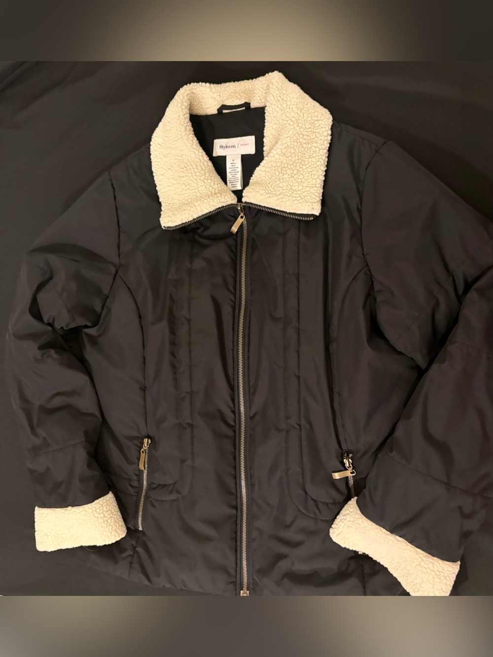 Style & Co Black Puffer Jacket with Cream Sherpa Trim